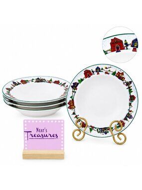 Cooks Club FALLS CHURCH Christmas Colorful Town Scene On Rimmed Soup Bowls Set 4